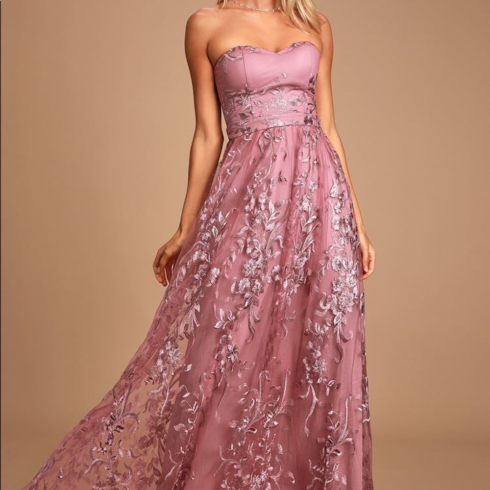 NWT Mauve Purple Embroidered Strapless Maxi Dress